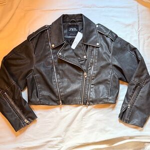 Zara Cropped Charcoal-Grey-Black-Faux-Leather Biker Jacket-NWT!